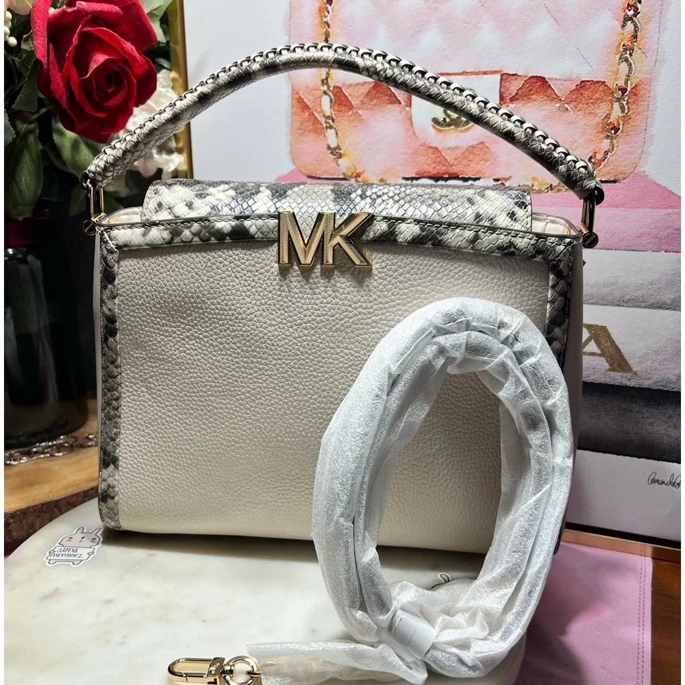 MICHAEL  KORS Karlie Medium Pebbled and Snake Embossed Leather Satchel NWOT